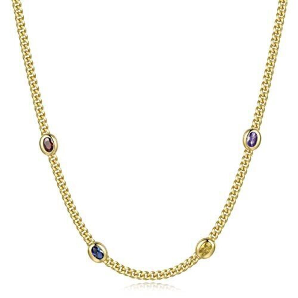 5635 Colorful CZ Station Necklace 18K Gold Plated Cuban Link Chain Choker